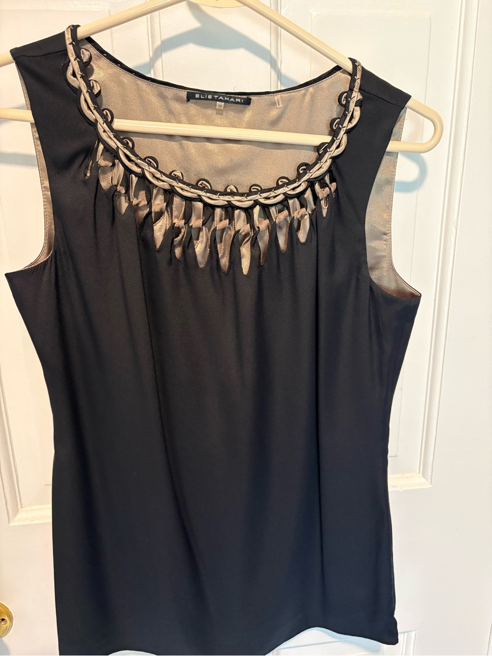 Elie Tahari Black Sleeveless Shell with Taupe Satin Trim